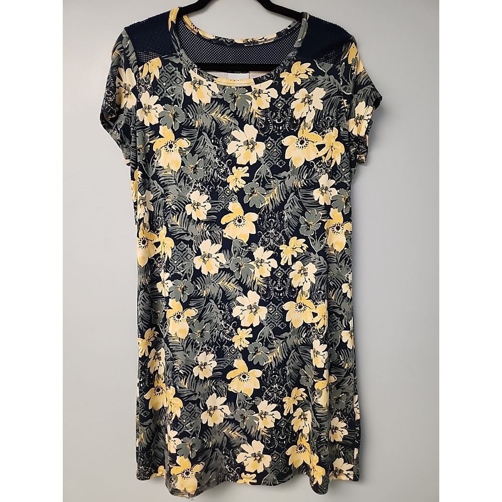 Dressbarn Womens M‎ Yellow Navy Floral Dress Cap Sleeves W Mesh